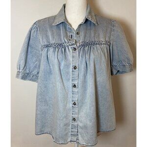 Jane + Delancey Shirt Blouse Denim Country Braid Trim Puff Sleeve Small S